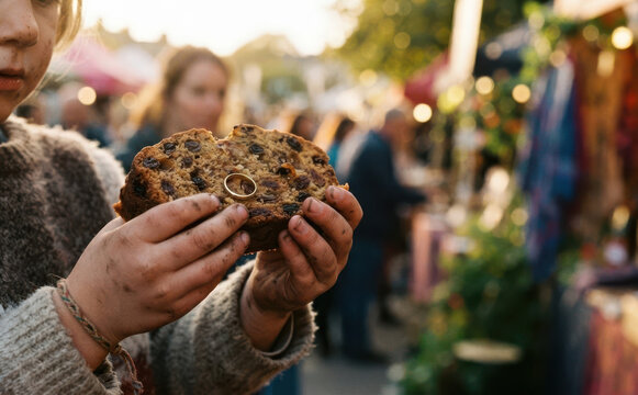 Young caucasian girl holding a slice of fruitcake with a golden ring at an outdoor market event