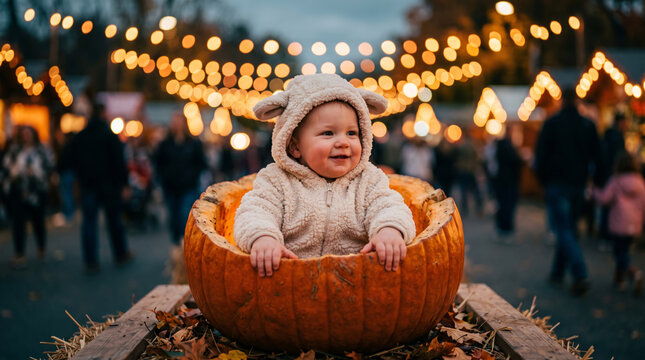 Adorable baby in a pumpkin costume at a festive autumn market with bokeh lights