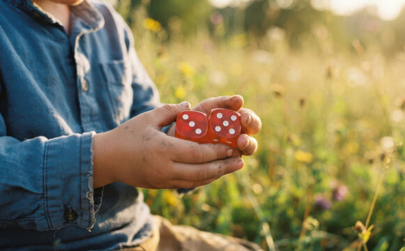 Young boy holding red dice outdoors in nature representing luck and games