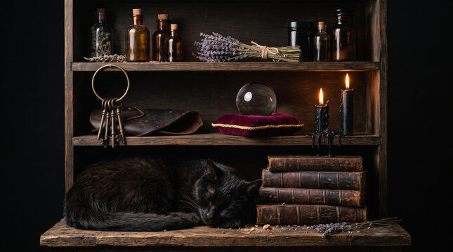 Mystical Alchemist Shelf with Sleeping Black Cat Old Books Candles and Crystal Ball