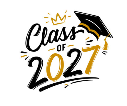 Hand-drawn calligraphic inscription class of 2027. Congratulation graduate, numbers 2027 with graduation hat