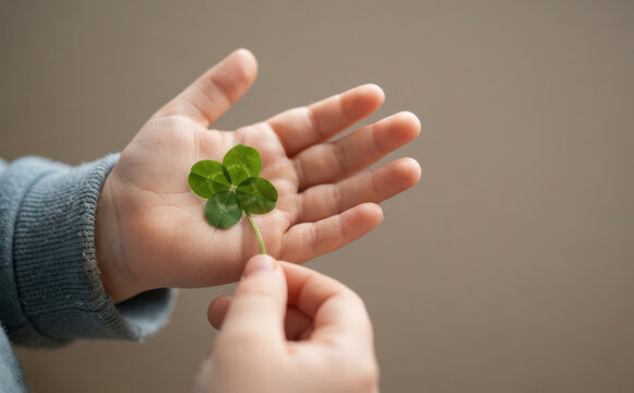 Child holding a lucky four leaf clover in hand representing good fortune and hope