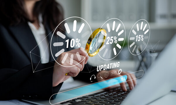 A concept of a system update and software installation. A progress bar and loading icons showing the update percentage and status. Motif
