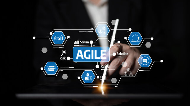 A professional hand interacts with a digital tablet displaying concepts related to Agile methodology, including Scrum, risk management, and solution strategies, symbolizing innovation. Tessel
