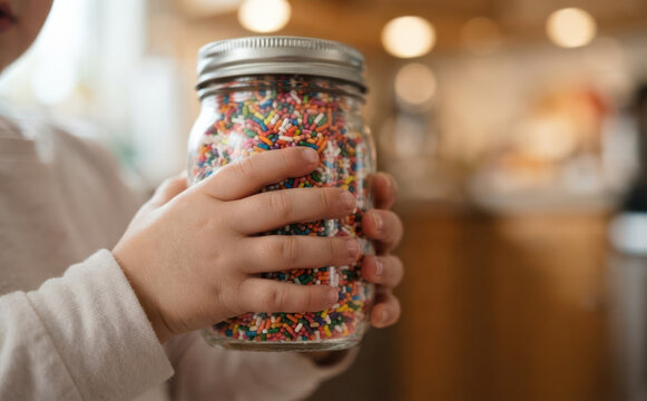 Young child holding a glass jar filled with colorful sprinkles in a warm indoor kitchen setting representing sweet treats and baking