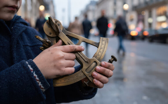 Young boy holding a vintage brass sextant on a city street representing navigation and discovery