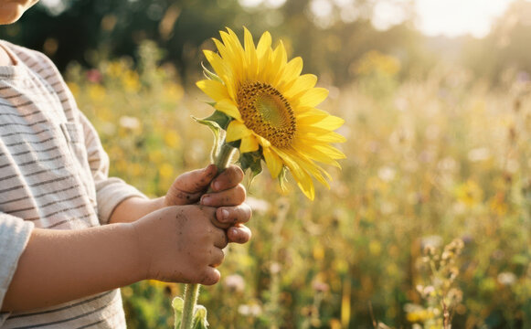 Young toddler holding a bright yellow sunflower in a sunny meadow representing nature connection and joyful childhood moments