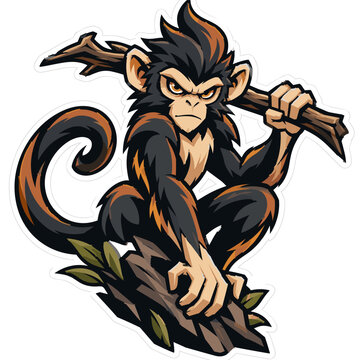 Fierce Monkey Mascot Illustration - Aggressive Primate with a Stick