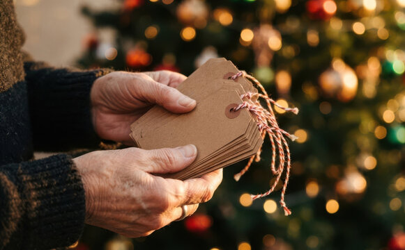 Senior man holding blank kraft paper Christmas gift tags with red and white string in front of a glowing tree