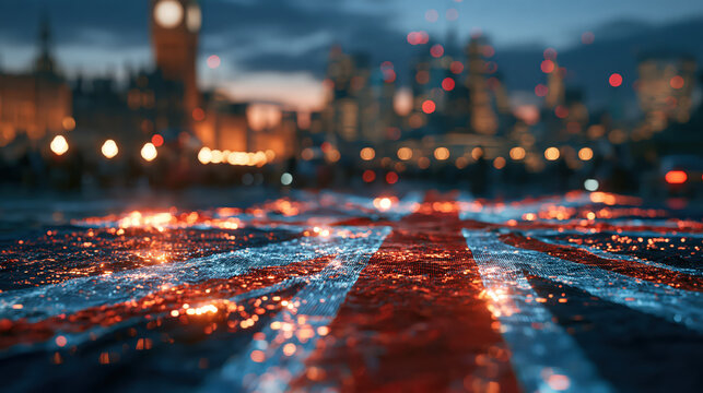 Wet city street with British flag reflection and blurred landmark lights night, creating