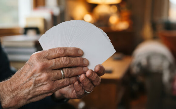 Elderly man holding a fan of blank white playing cards in a cozy indoor living room setting representing memory games and leisure