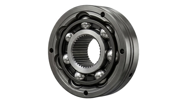 Close-up of a constant velocity joint with polished steel ball bearings and a metallic housing highlights the intricate internal mechanics of automotive parts.