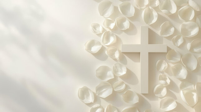 White Christian cross surrounded by delicate petals in soft light