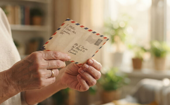 Elderly woman holding international airmail letter at home, concept of family communication