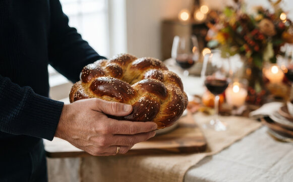 Man holding freshly baked round braided challah bread over a festive dining table