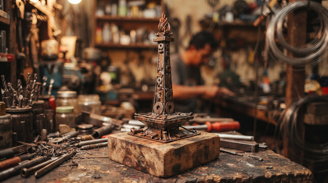 Detailed metal steampunk style miniature of Indonesia national monument Monas in a vintage craftsman workshop