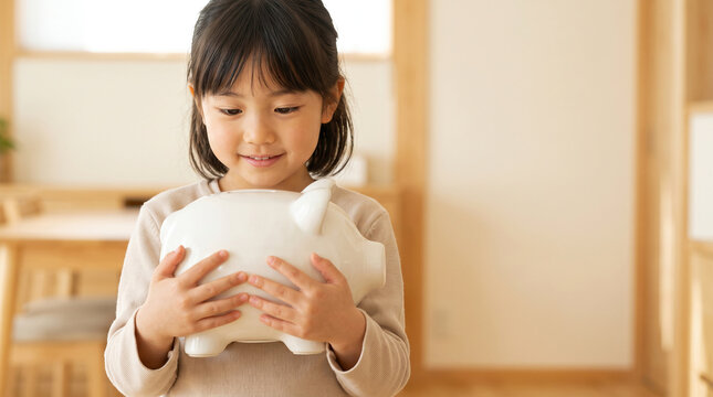 ぶたの貯金箱を愛おしそうに見つめる女の子と右側の広いコピースペース