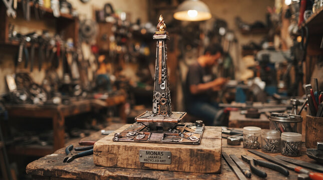 Detailed metal steampunk style miniature of Indonesia national monument Monas in a vintage craftsman workshop