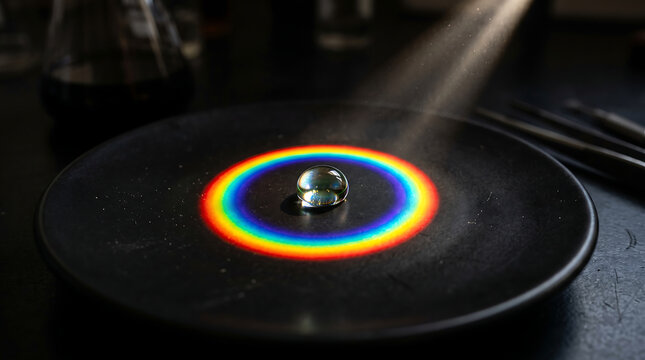 Clear glass orb resting on dark plate producing bright vibrant rainbow circular spectrum refraction effect using concentrated light ray illumination.