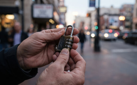 Person holding a combination padlock in hands on city street at dusk, representing security and safety concept