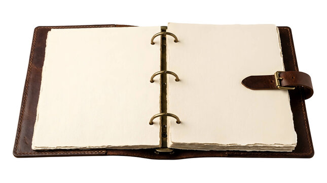 Organized open brown binder with blank lined pages and elastic band closure, concept for structured data-linear workflow systems, database management and efficient business processes