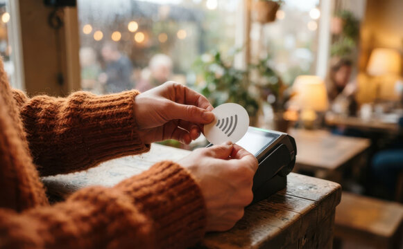 Customer making contactless payment with a contactless card at a cafe counter