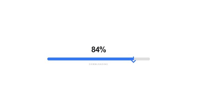 Blue Minimalist Progress Bar Animation from 0 to 100 Percent on White Background, Loading Indicator, Completion Status, Progress Tracking and Clean UI Design