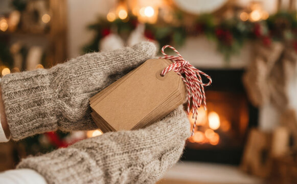 Person in knitted mittens holding blank brown craft paper gift tags with red and white string near cozy fireplace interior