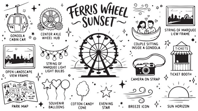 Ferris wheel sunset doodle vector set with amusement park ride icons ticket booth and carnival elements