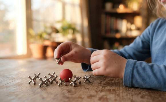 Young caucasian girl playing jacks and bouncing ball game on a wooden table at home
