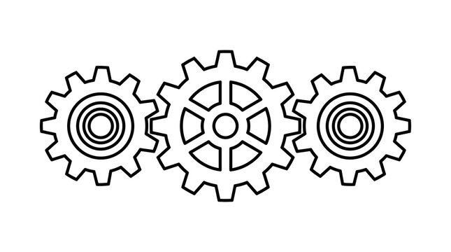 Three interlocking gear wheels represent the complex mechanical processes of industrial manufacturing systems which operate in harmony to generate productive output for heavy machinery