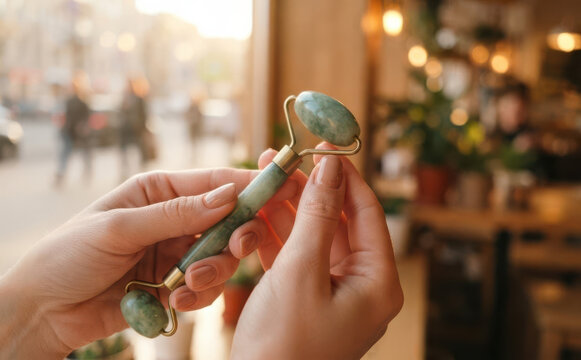 Woman holding green jade facial roller for skin care and anti aging massage beauty routine