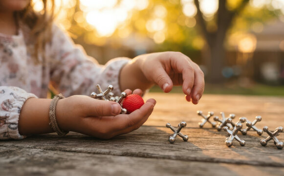Young female child playing with red ball and metal jacks game on a rustic wooden table outdoor