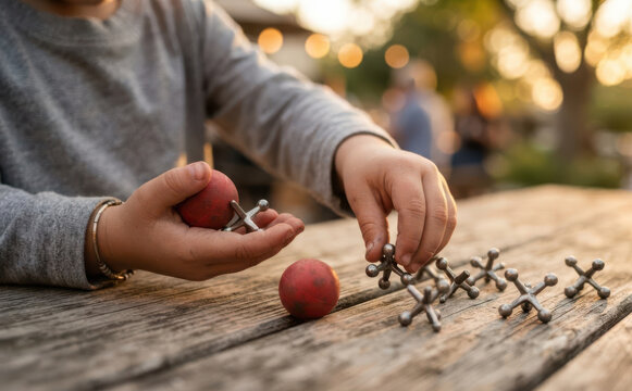 Child playing jacks game outdoors on wooden table with red ball and metal jacks