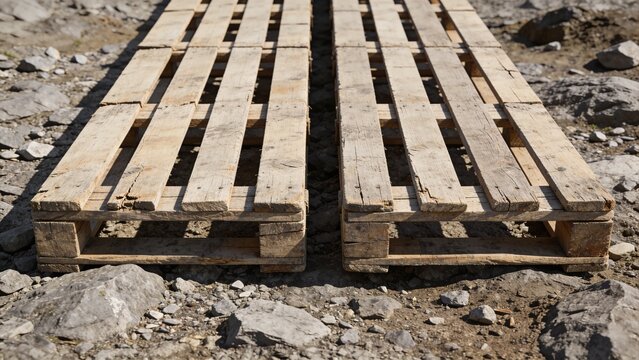 Weathered Wooden Pallet Walkway Over Rough Rocky Ground for Temporary Access, Construction and Outdoor Infrastructure