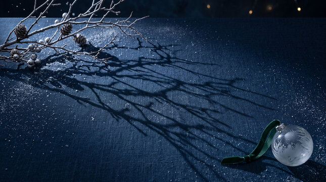 Winter branch shadows with snow globe on icy surface for holiday design