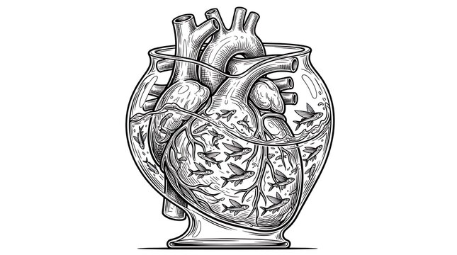 An intricate hand drawn sketch displays a human anatomical organ submerged inside a transparent glass bowl where several small swimming fishes thrive together in a surreal and artistic