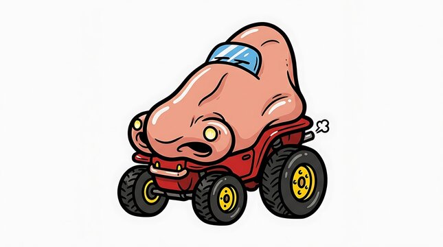 A funny pink human nose sits atop a red off-road vehicle frame with heavy duty tires as it speeds along the path while showing a comical facial expression that highlights the bizarre nature