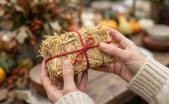 Woman holding a small hay bale tied with red string for autumn table decoration and rustic fall crafts