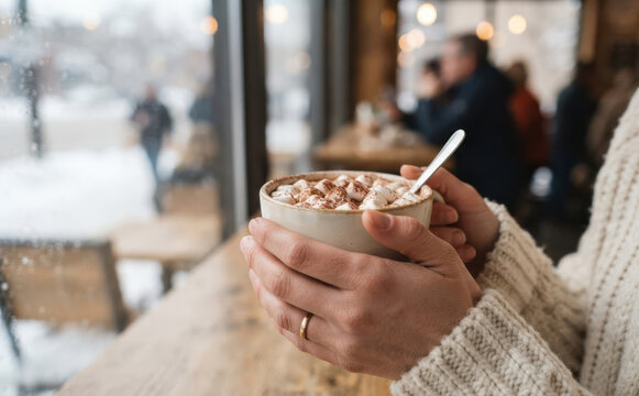 Woman holding hot chocolate with marshmallows in cozy cafe during winter snow