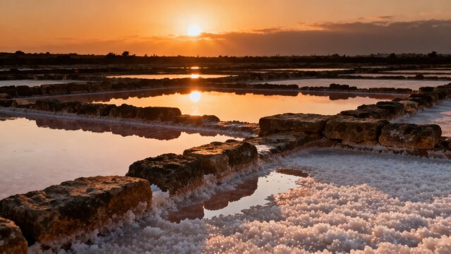 Salt pans at sunset with crystallized salt and reflective water