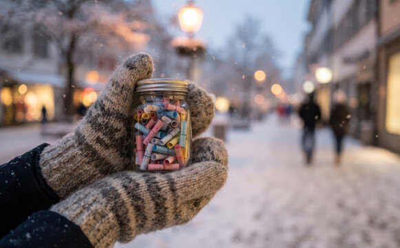 Person in warm mittens holding a glass jar filled with colorful rolled notes on a snowy winter street