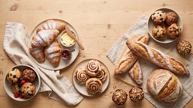 A delicious assortment of freshly baked bakery items on a wooden table, featuring flaky croissants, crusty baguettes, cinnamon rolls, muffins, and artisan bread.   