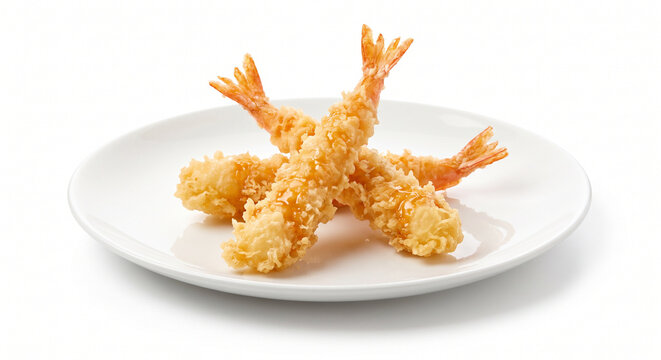 Crispy Japanese ebi tempura deep fried prawns drizzled with sweet savory sauce served on a white plate isolated on white background