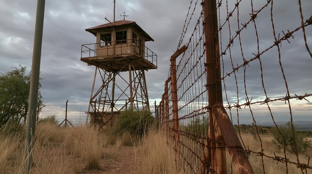 An old abandoned watchtower standing in a field of dry grass behind a rusted barbed wire fence under a cloudy and dramatic evening sky