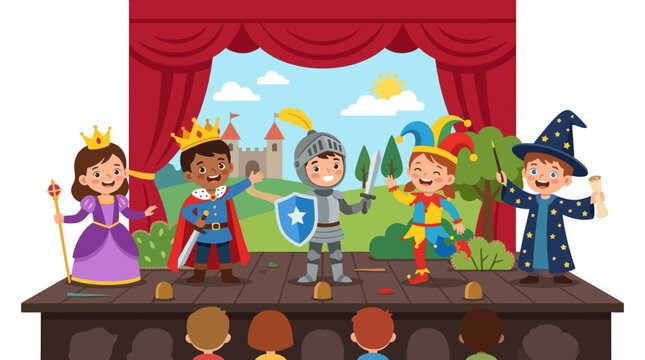 Children Performing A Fairytale Play On Stage As King Queen Knight Jester And Wizard