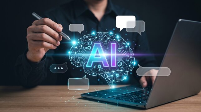Artificial intelligence brain hologram being analyzed by a user holding a stylus pen at a laptop desk.