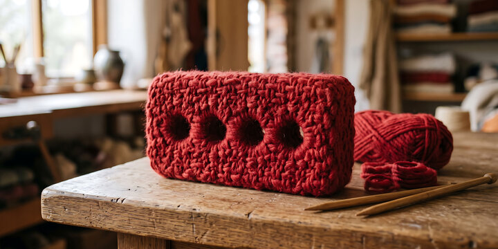 Red crocheted brick shape with three circular openings and yarn ball with knitting needles suggesting DIY craft project and creative hobby for home decor.