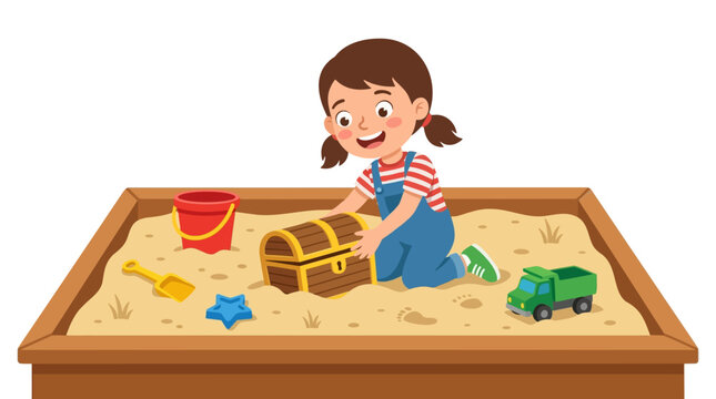 Joyful young girl playing with a treasure chest in a sandbox with toys