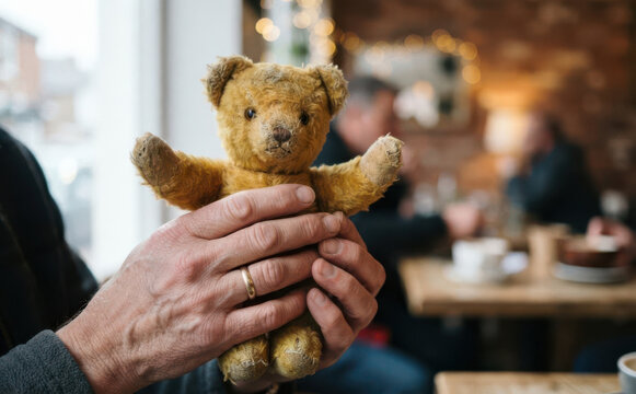 A person holding an old vintage teddy bear in a cozy cafe representing nostalgia, childhood memories, and sentimental value